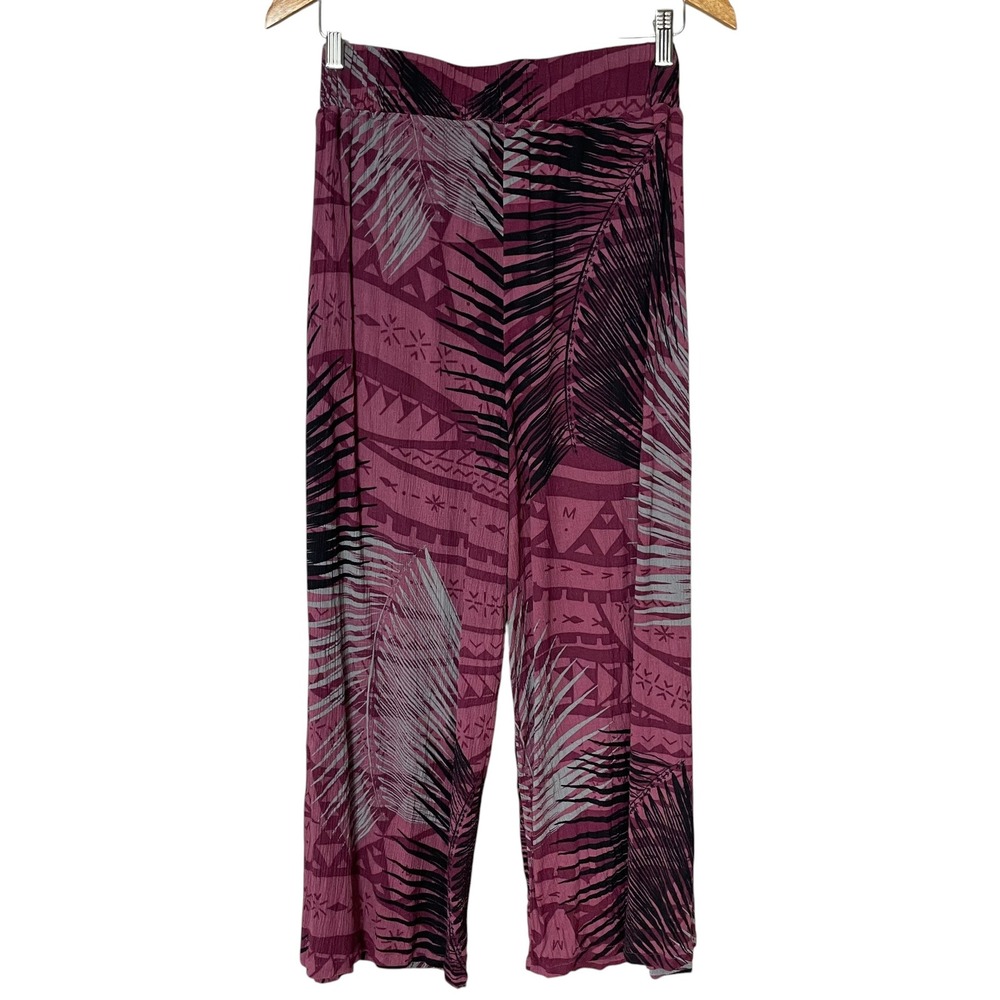 Tanoa Hawaiian Pants Abstract Leaf Print Side Slit Crop Leg Women Small Wide Leg